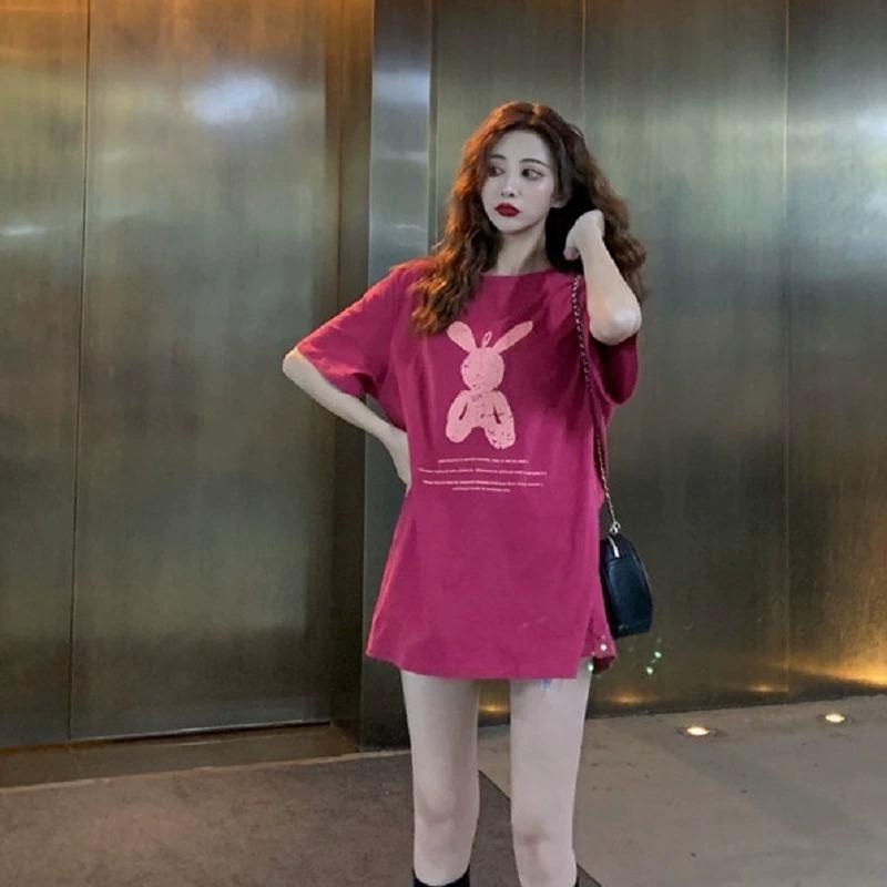 Summer Mid-length Loose Bottoming Shirt Women's Cartoon Ins Round Neck Large Size Short-sleeved T-shirt Women's Blouse Women's Clothing