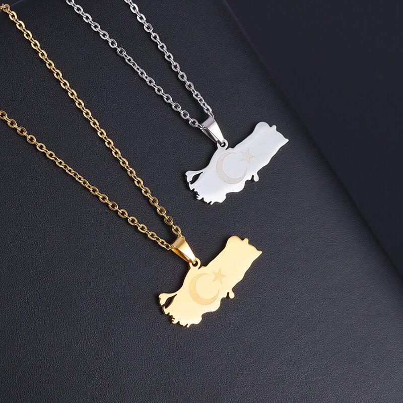 Fashionable Stainless Steel Turkey Map Flag Pendant Necklace for Women Faith Casual Jewelry Gift