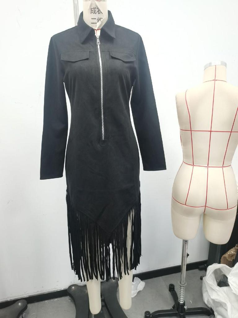 Westlicher Cowboy Wildleder Fransen Schlankes Kleid - Langärmelig, 2025 Stil