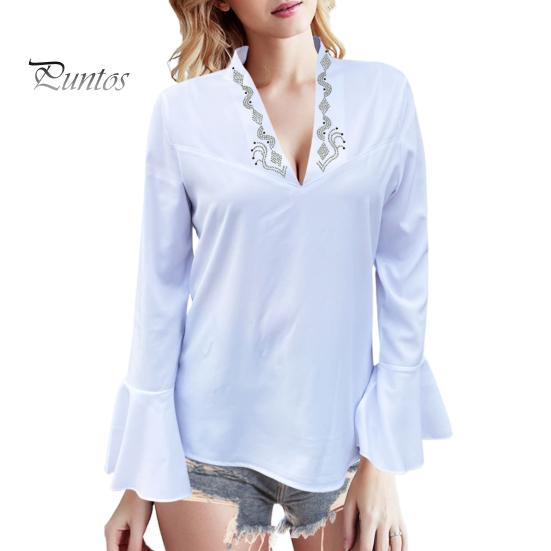 

Женские топы с V-образным вырезом, длинными рукавами, оборками, манжетами, повседневная рубашка, однотонная, свободного кроя, для работы, вечеринки, отпуска, блузка S белый