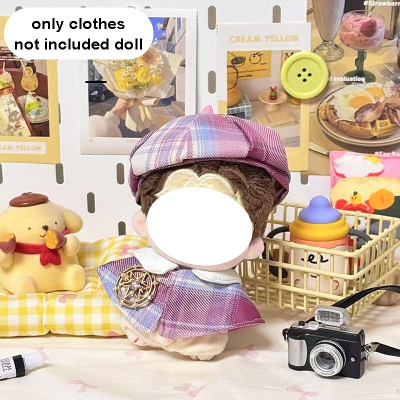 10Cm Cotton Dolls Preppy Style Doll Clothes Plaid Beret And Cloak Suit Cute Doll Accessories Girl Dress-Up Play  Accessories Toy