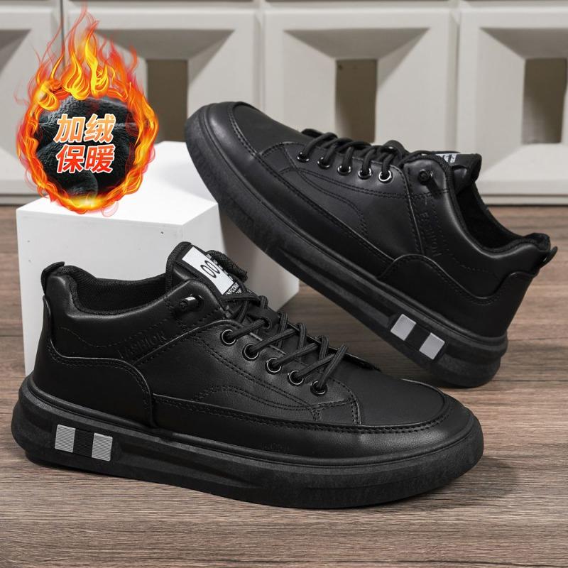 Shoes Men's New Spring Mid-help Black Versatile Black Leather Shoes Trendy Boys Casual Board Shoes