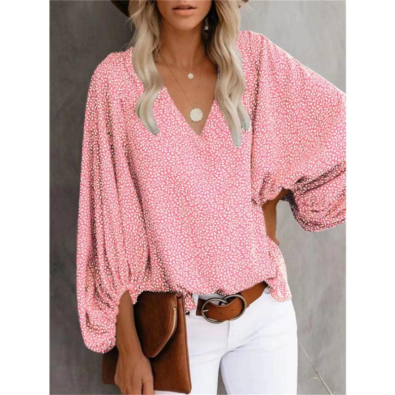 Summer V Neck Printed Lantern Sleeve Loose Fit Shirt
