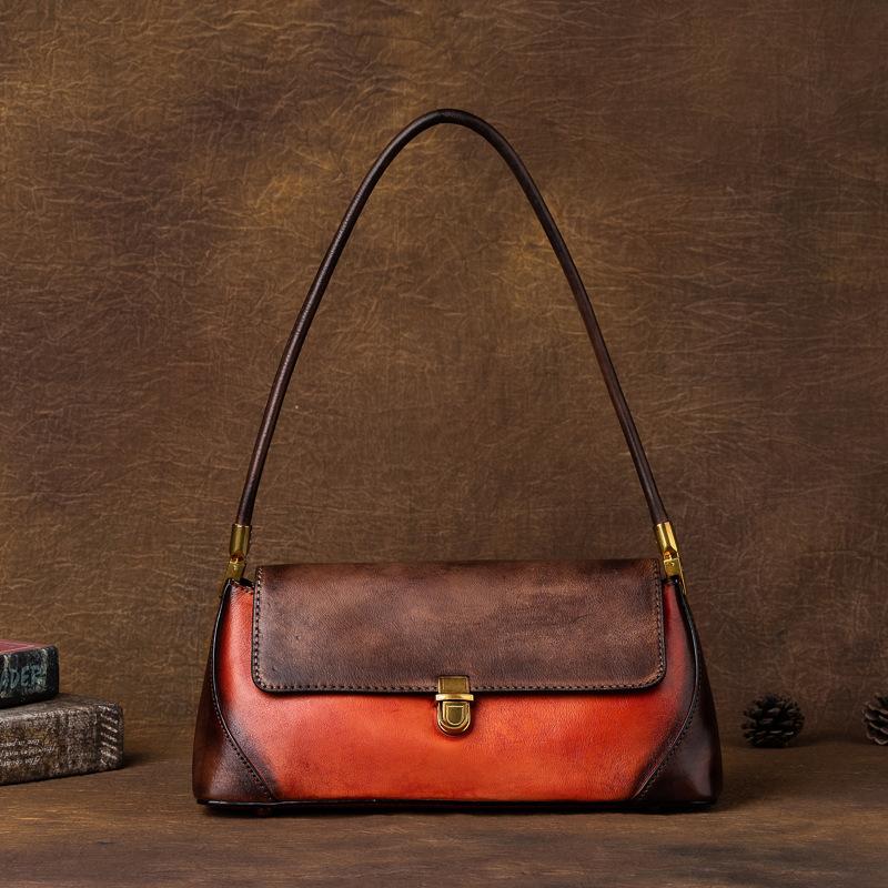 Underarm Baotou Layer Leather Countercolor Handbag Retro Simple Baguette Bag Retro Women's Bag