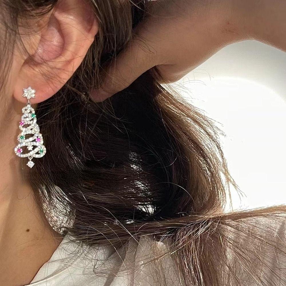 Trendy Silver Rhinestone Dangle Earrings Gold Alloy Christmas Tree Earrings Christmas Ear Drop Christmas Earrings Gift