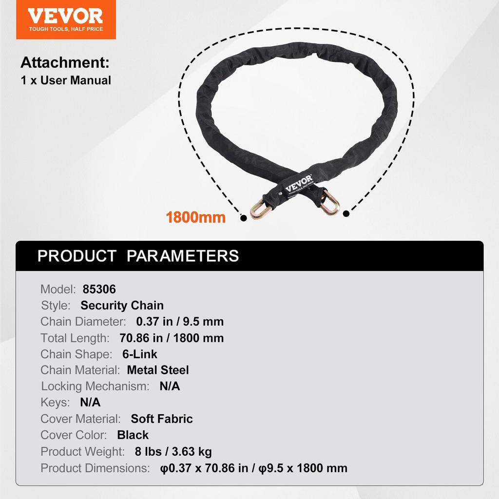 Bike Chain Lock 5.91 Ft Security Bicycle Chain Lock 9.5mm Thickness Black