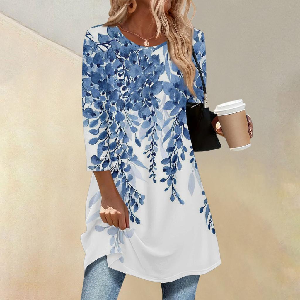 Dame Mote Casual Trekvartsermet Lang Blomstermønstret Rundhals Topp