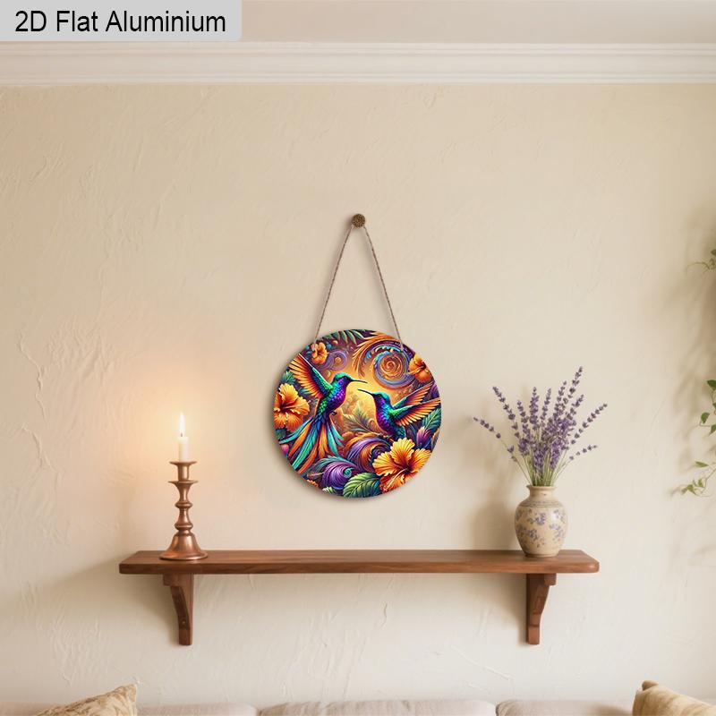 2D Flat 1pc Vintage Colorful Hummingbird Aluminum Sign Round Ornament, Home Office Garden Courtyard Living Room Balcony Decor, Indoor/Outdoor Door
