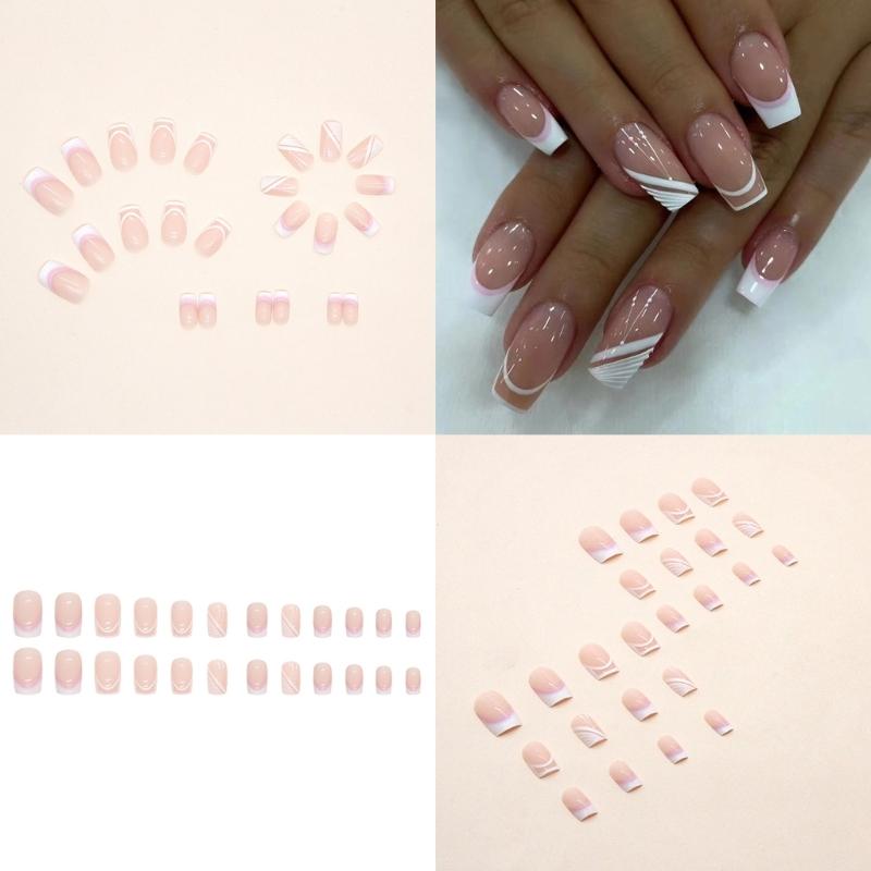 24Pcs Long Press On Nail  Coffin French Fake Nail  Tip Gradient Acrylic Nail  Glossy False Nail  for Women Girls