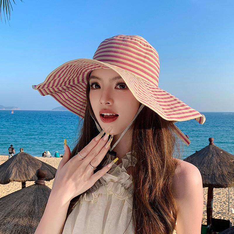 Summer Striped Sun Hat With Big Brim For Women Casual Sunshade And Breathability