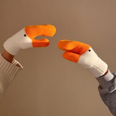 2 Pairs Cartoon Goose Knitted Mittens Autumn Winter Women Couple Fingerless Gloves Outdoor Cold