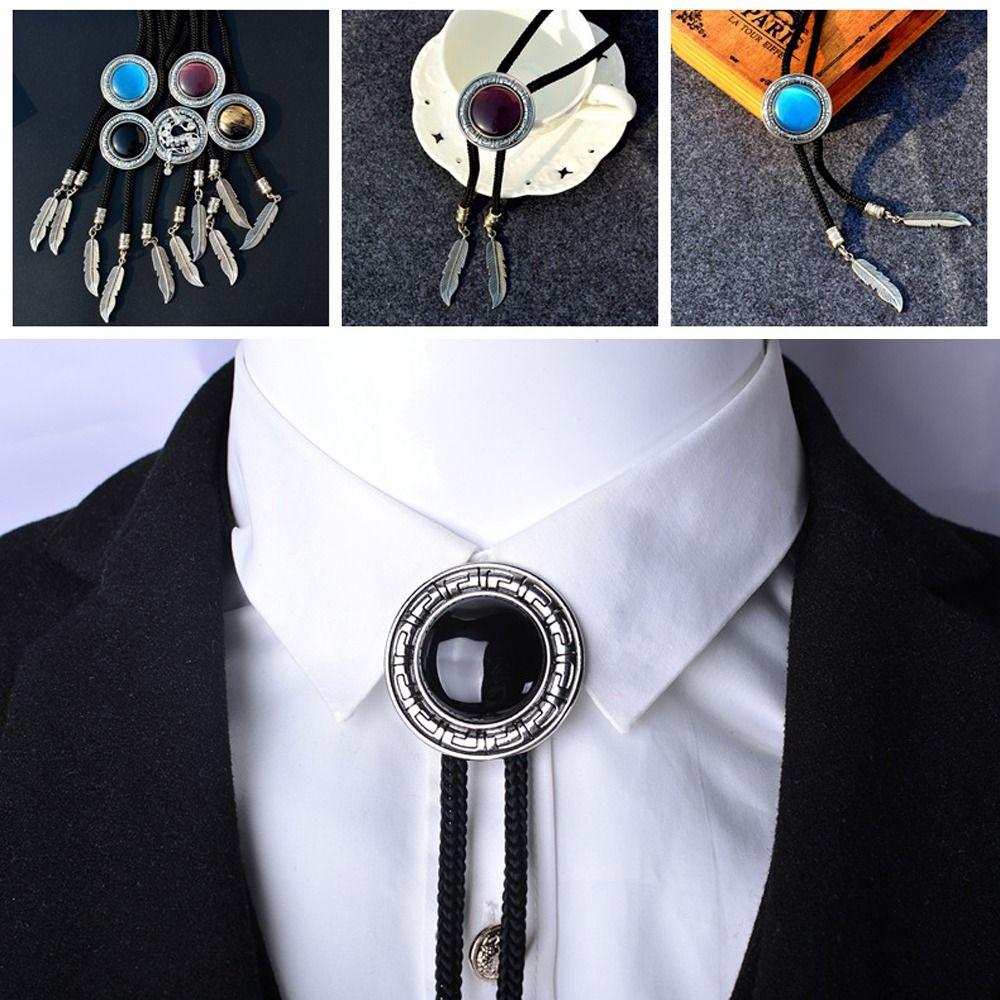 Round Bolo Tie Western Cowboy Shirt Imitation Gem Pendant Vintage Star Necklaces For Men Women