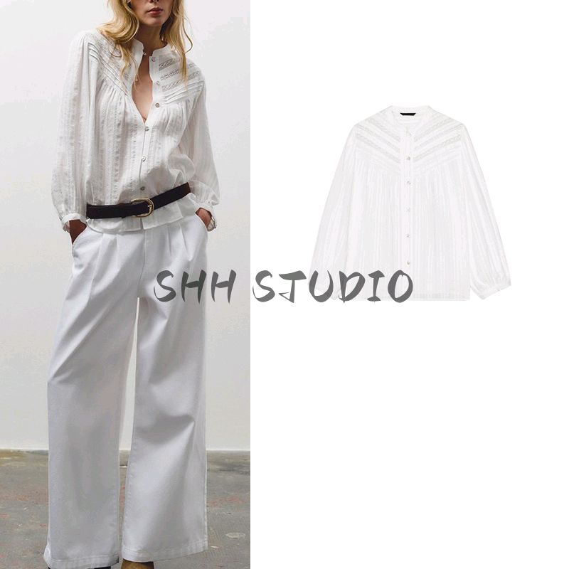 Spring New Women clothes Frill Decorative round Neck Long sleeve Vertical Lace Romantic Style Shirts 8372044