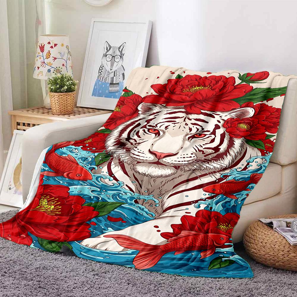 1pc Tiger Red Flowers Soft & Warm Polyester Knit Blanket, Digital Printed, All-Season Throw for Napping, Traveling, Sofa Yy250906001