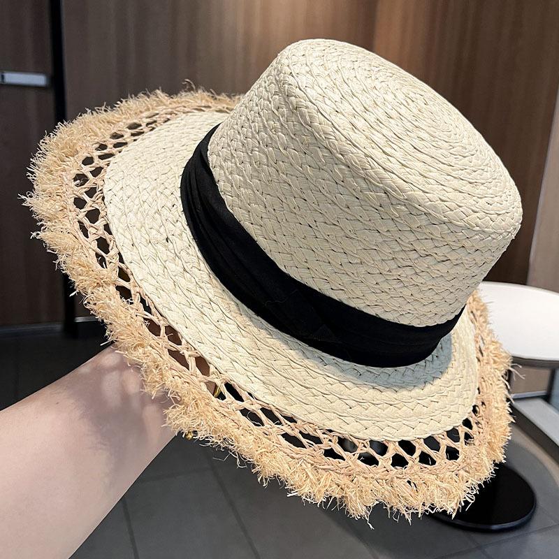 Women's Summer Sun Protection Straw Hat Beach Hat High-End Feel Hat Raffia Hollow Out Fringe Hat