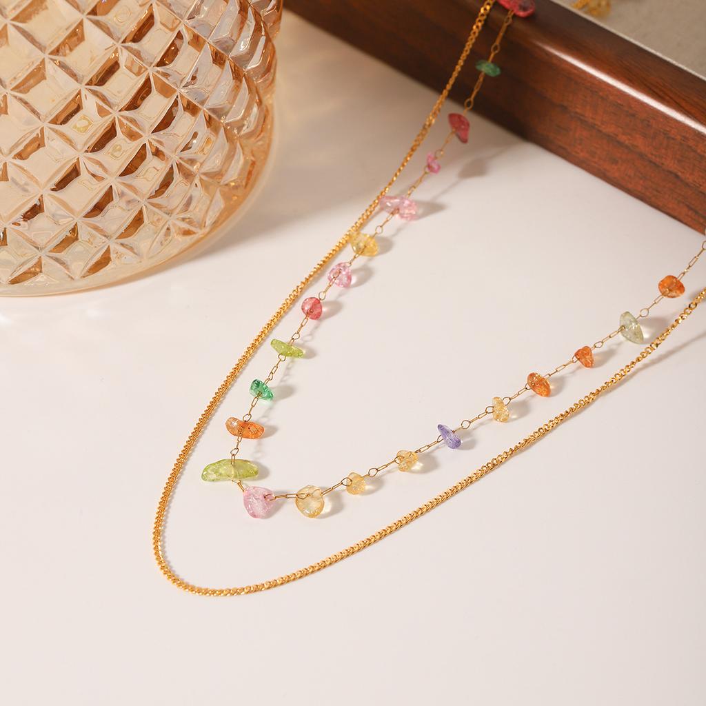 French light luxury colorful natural stone double-layer stainless steel necklace niche elegant clavicle chain
