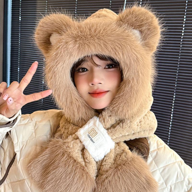 Angola red plush bear hat women's winter new autumn and winter thickened warm scarf gloves integrated