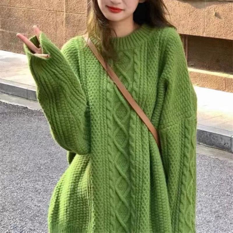 

Нежный ветер зеленый жареный тесто крутит круглый вырез свитер для женщин осень и зима утолщенный свободный ленивый мягкий восковой сладкий свитер топ L зелёный