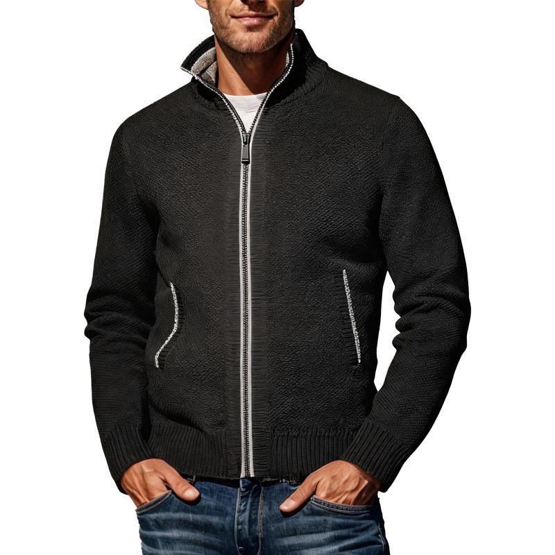 

Men s European Size Long Sleeve Zipper Cardigan Knitwear - Plus Velvet Warm Stand Collar Sweater Jacket 2XL чорний