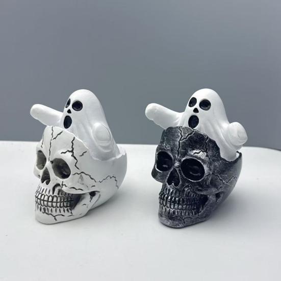 Mini Skull Head with Ghost Figurine Spooky Skeleton Head Ghost Halloween Decor for Gothic Porch Indoor Office Desk Tabletop Mantel Decoration