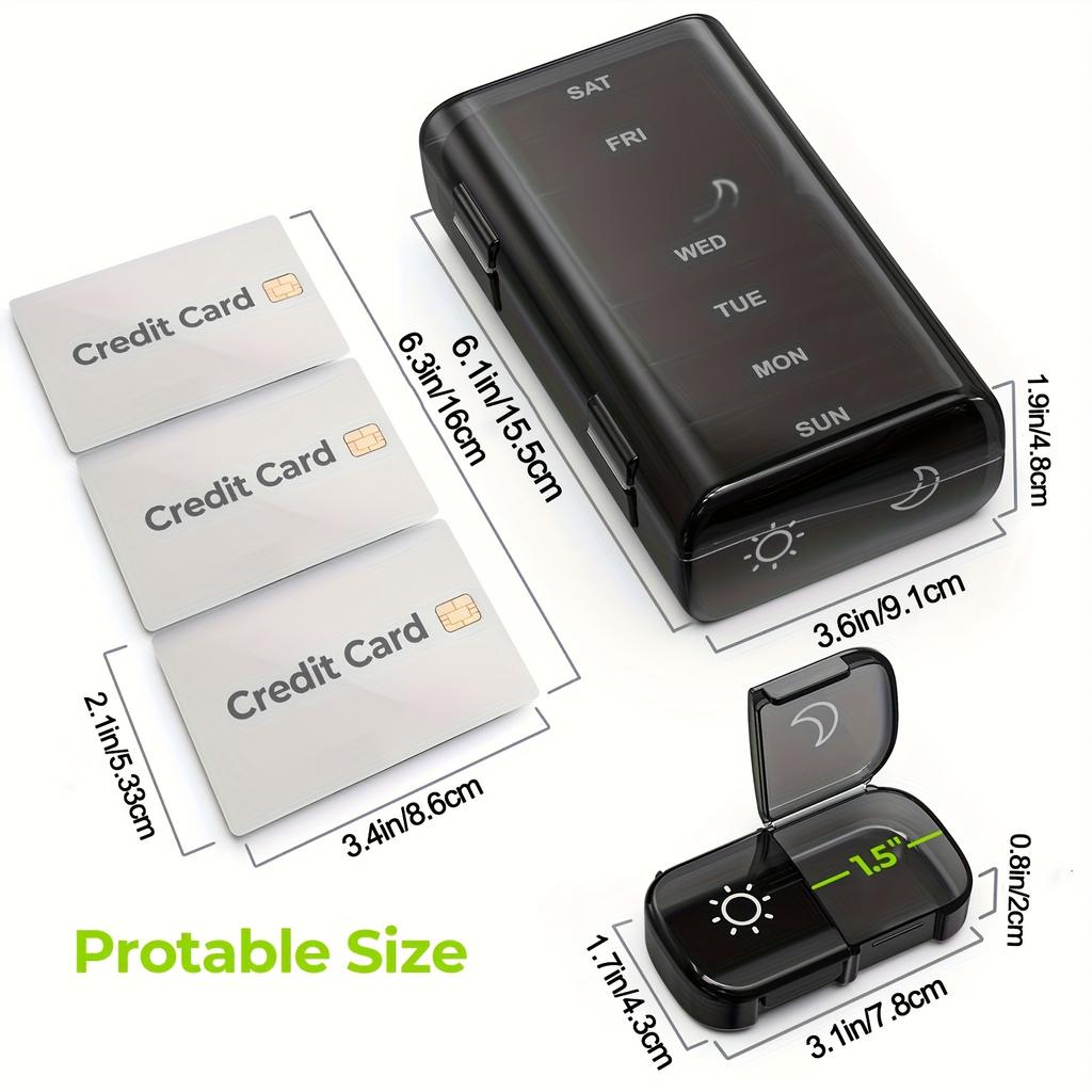 Weekly Pill Organizer 2 Times a Day, Pill Box 7 Day with One-Side Large Openings, Black Privacy Protection AM PM Pill Case