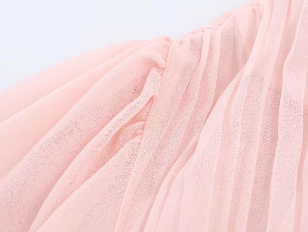 2026 Spring Women's European Style Pink Chiffon Long Dress with Short Sleeves