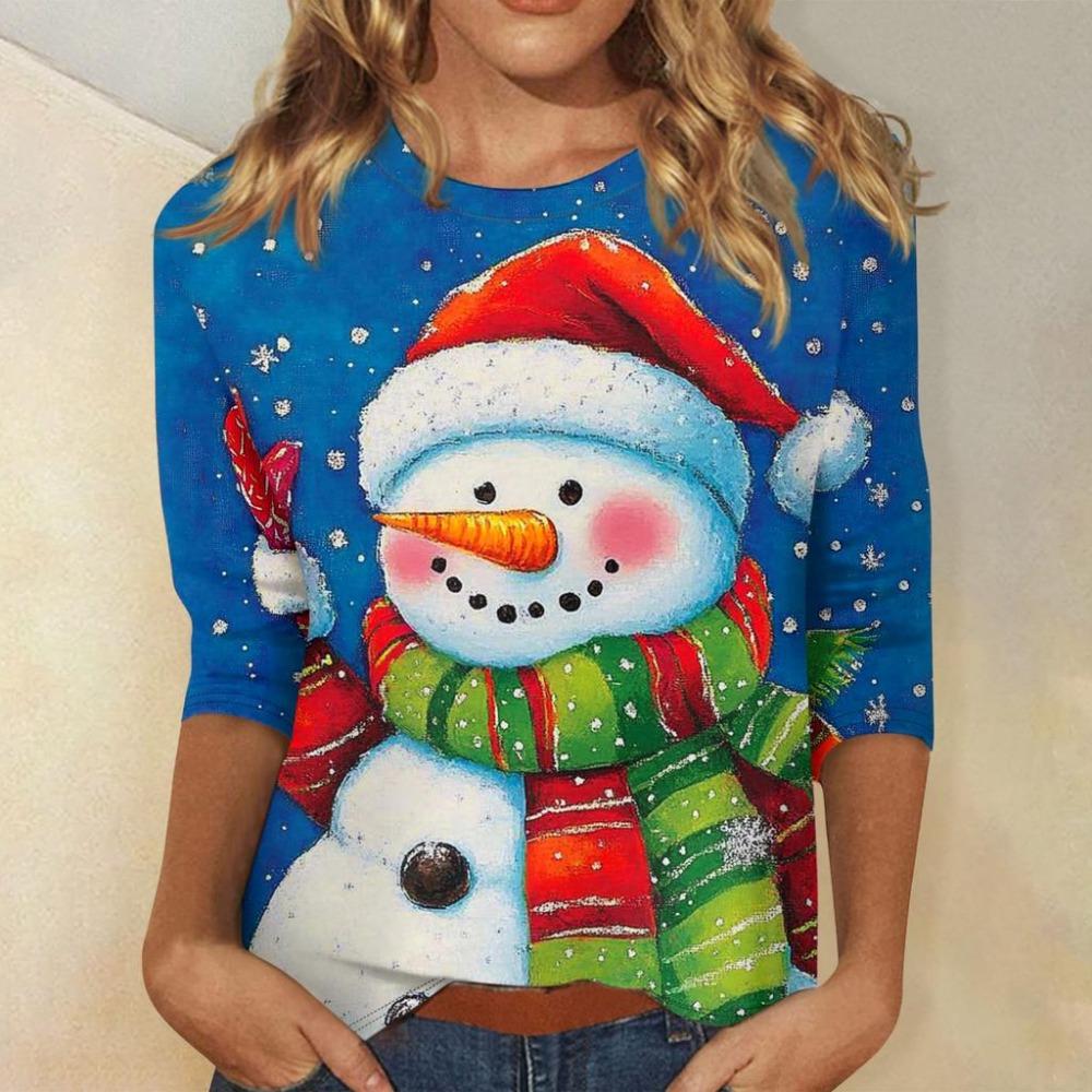 Christmas Limited Edition Women's 3D Snowflake and Snowman Print Round Neck Long Sleeve Hoodies Fashion Casual Long Sleeve Top