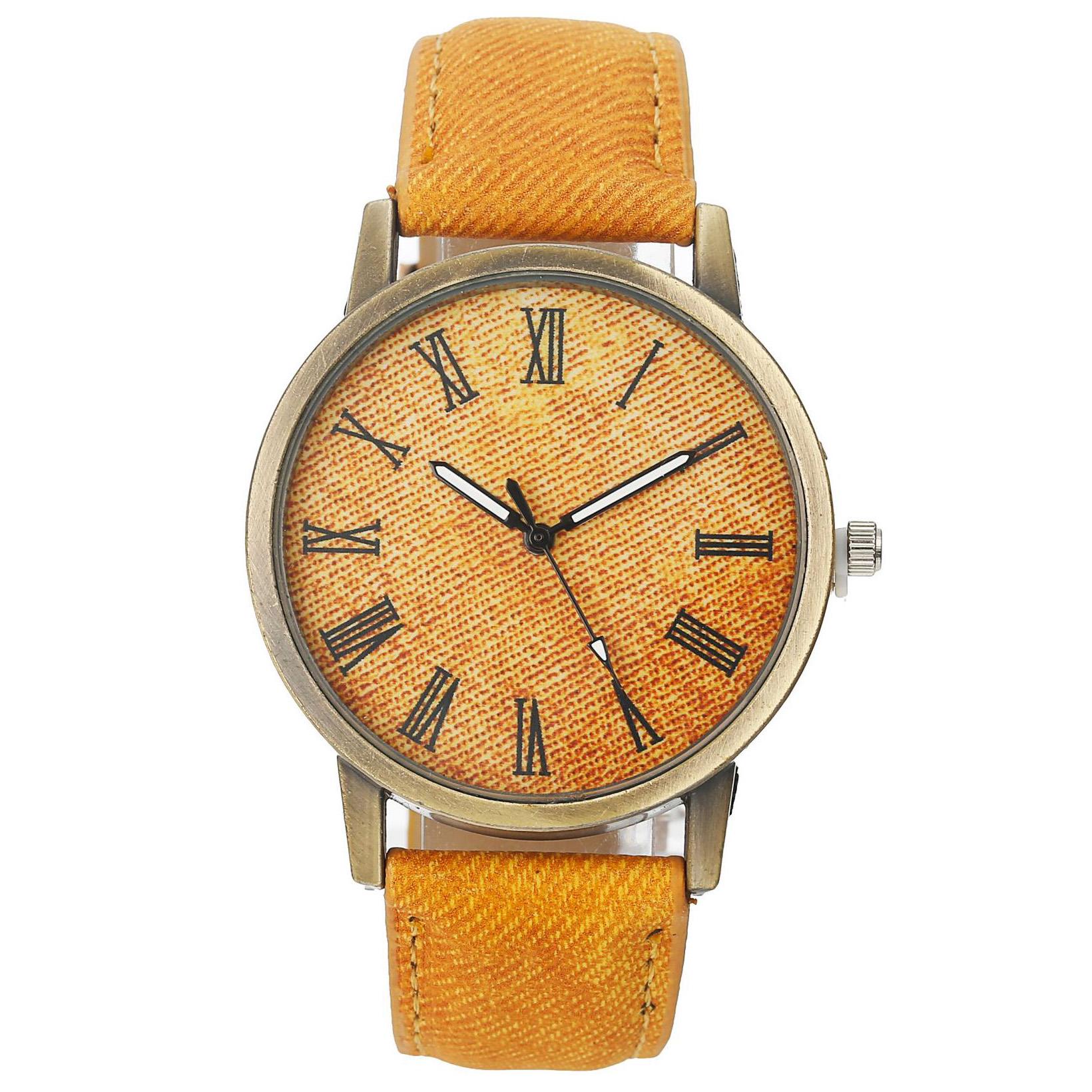 

Модний різнокольоровий циферблат годинника з римськими номерами. Студентський кварцовий годинник із джинсовим ремінцем жовтий