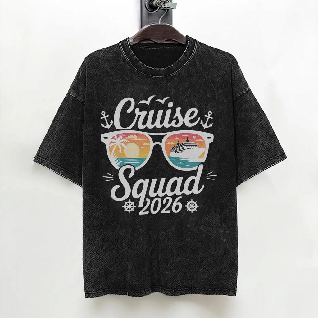 Funny Cruise Squad 2026 Summer Vacation Matching Family T Shirt Washed Short Sleeve TShirts Men Women Streetwear Summer Tees