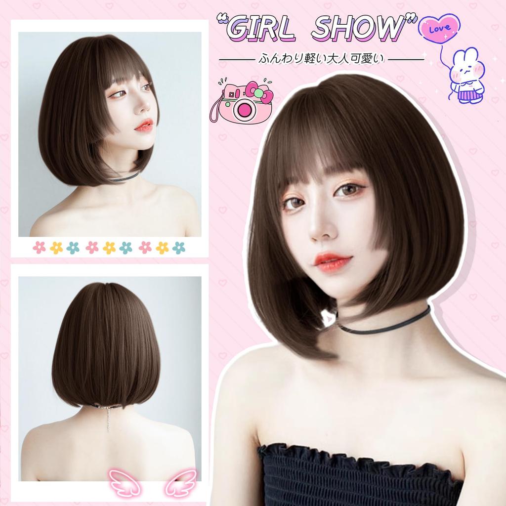 Bob-Perücke im Candybay-Stil mit geradem Pony, kurzem, glattem Haar, hitzebeständig, für kleine Gesichter geeignet, leicht, Harajuku-Lolita-Perücke mit rosa Netz