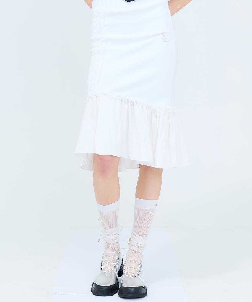 Love Is True Curved L Lace Midi Skirt(White)