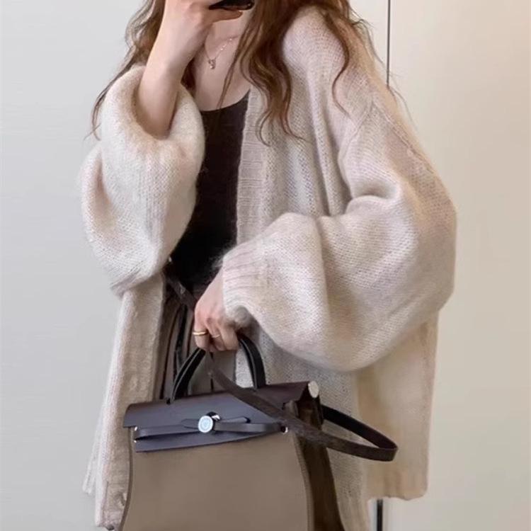 Damen Retro Laternenärmel Mohair Strickjacke - Neuer 2025 Locker Gestrickter Pullover