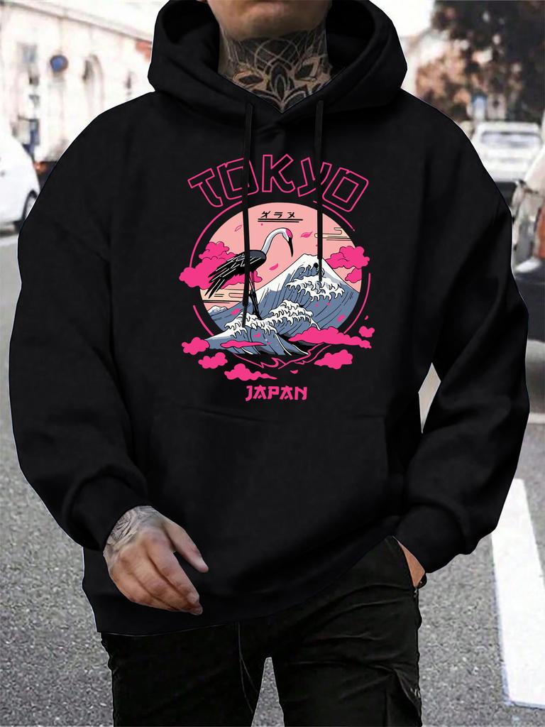 Tokyo Japan Crane Waves Printing Hoodies Men All-Match Casual Hoody Pocket Fleece Streetwear Loose Hip Hop Male Pullover