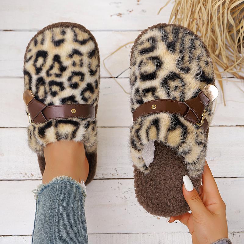 Fashion Fashion Leopard Print Fur Slippers for Women Outdoor Light Non Slip Fluffy Slippers Woman Comfy Flat Heel Plush House Slides