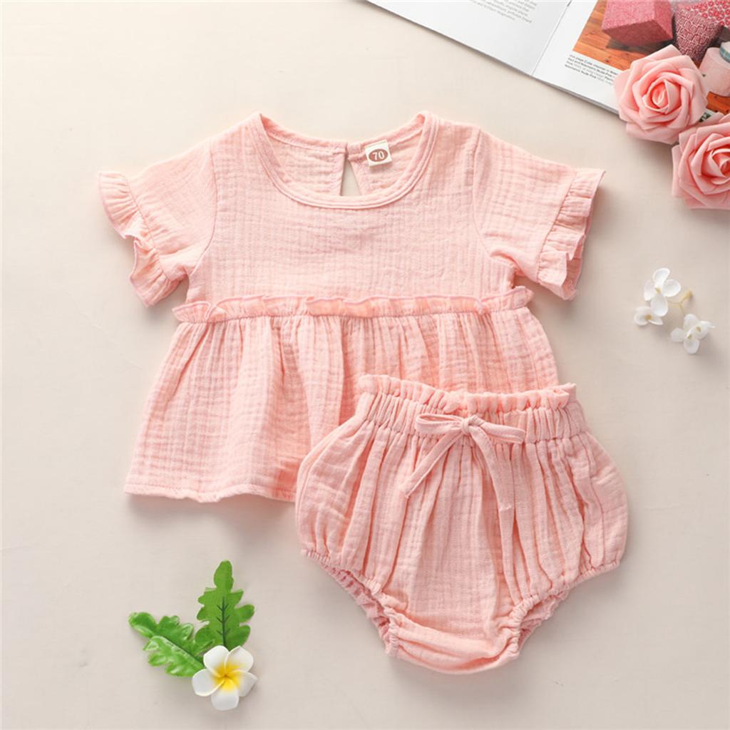 Neugeborenen Baby Mädchen Sommer Rüschen Baumwolle Leinen Solide Tops + Shorts Outfits