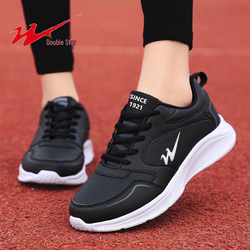 Double Star Women's Waterproof Leather Sneakers - Versatile Casual Lightweight Shoes for Spring and Autumn.