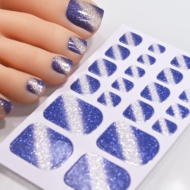 22Pcs/Sheet Toe Nail Sticker Wraps Baking Free Simple Solid Color Glitter Full Cover Toenail Polish Strips Waterproof