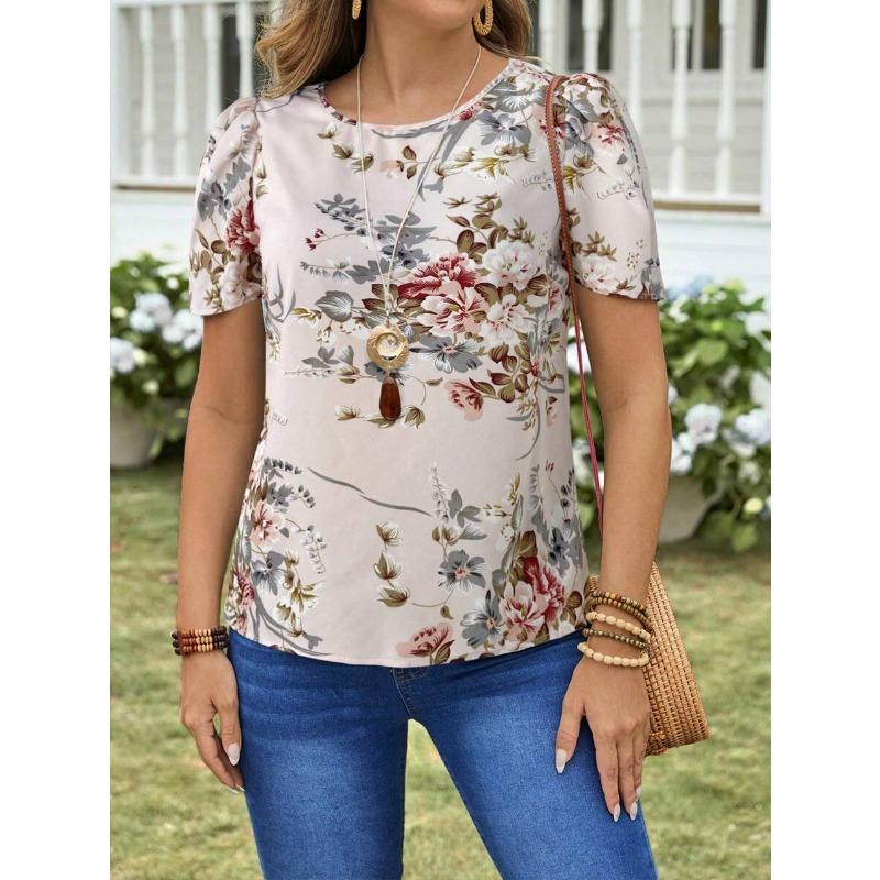 Flower T-shirt Women's Summer Outdoor Fashion Round Neck Short Sleeve Tops Large OverSize Loose Women's Clothing Daily Versatile