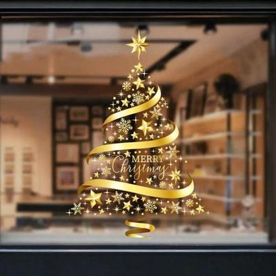 Golden Christmas Tree Window Clings Stickers for Glass,Large DIY Static Wall Window Door Mural Showcase Decal Sticker