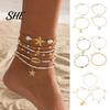 Bohemian Anklet Beach for Women, Starfish Shell Fish Tail Pendant Boho Jewelry Bracelet, Layered Faux Pearl Foot Chain Summer Vacation Charm