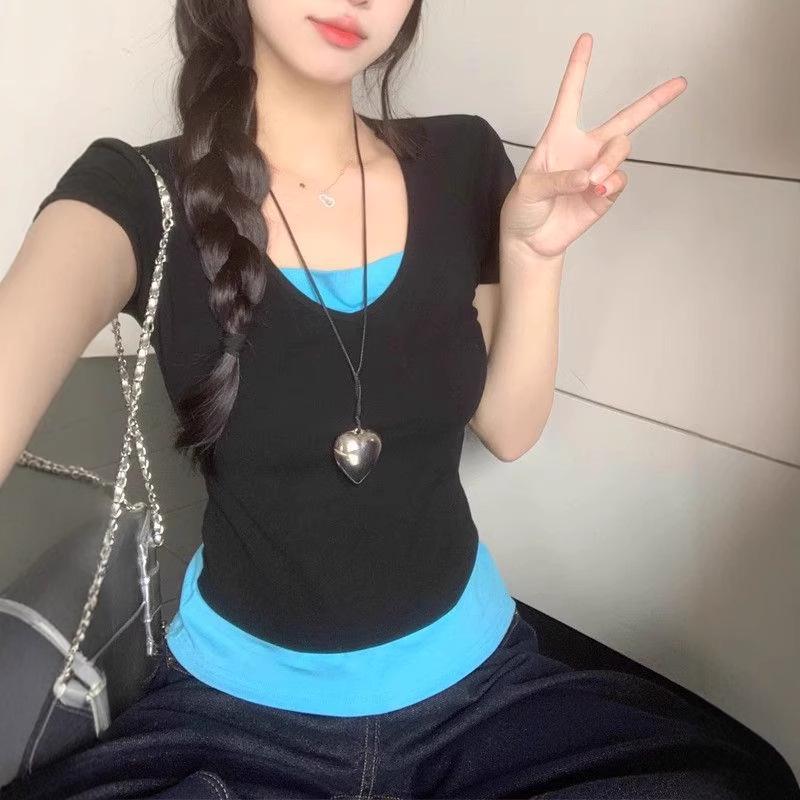 

2025 Summer Women s Short-Sleeve Color-Block Two-Piece Design T-Shirt L