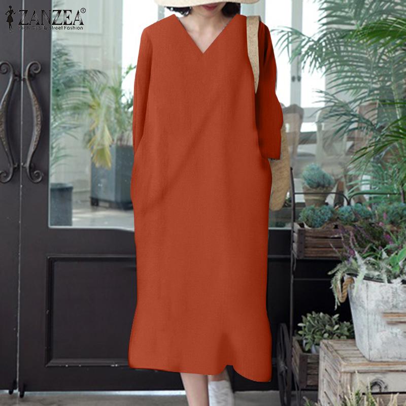 

ZANZEA Летнее повседневное свободное хлопковое платье с v-образным вырезом и рукавами 3/4