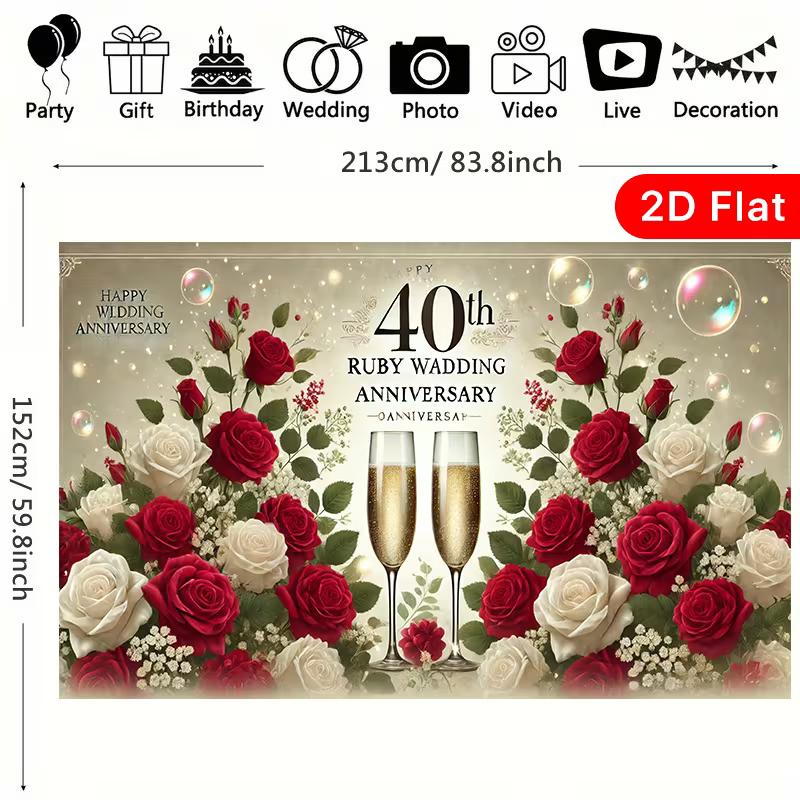 2D Flach Gedruckter 40. Jubiläum Hintergrund, Elegantes Rubinhochzeit Foto Banner mit Rosen & Blasen