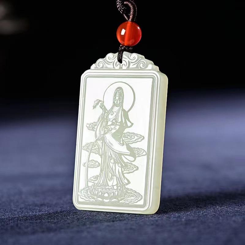Pendant Green and White Guanyin Brand Square Solution Necklace