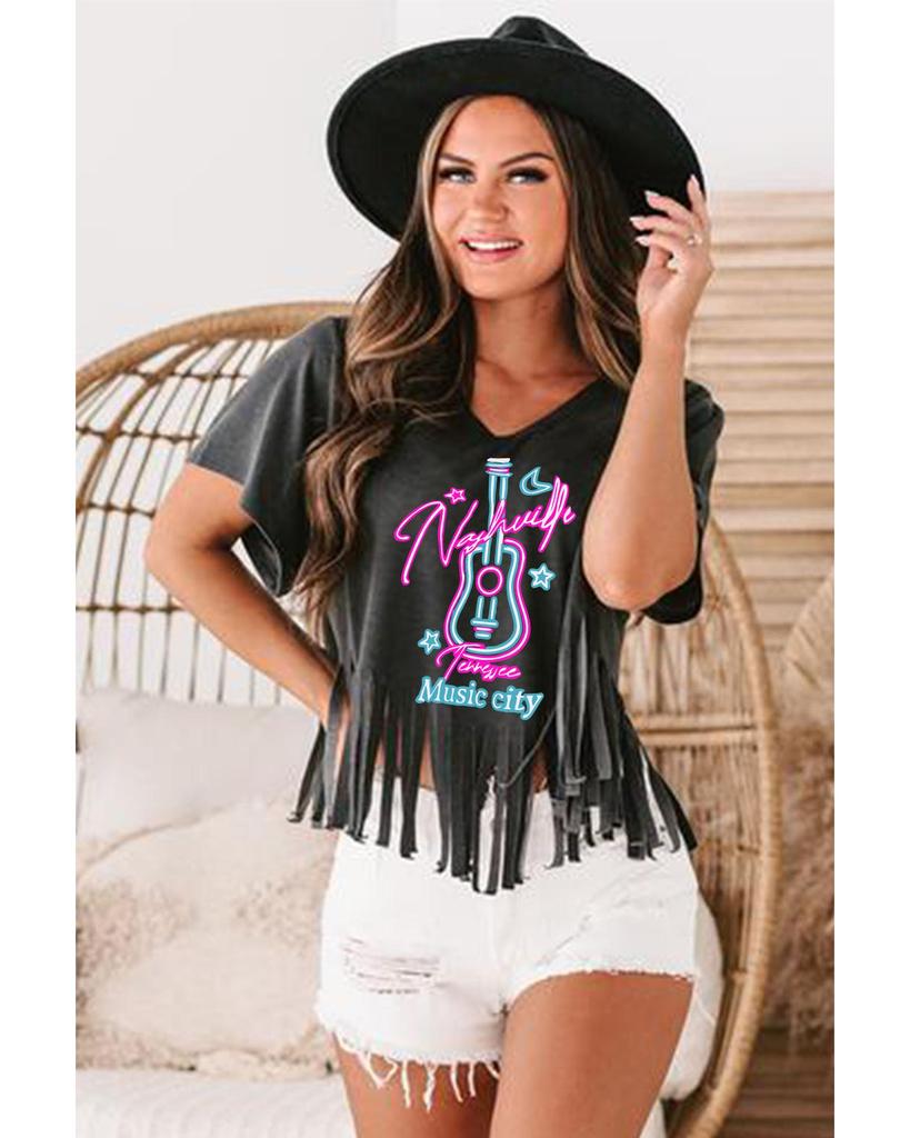 Azura Exchange Guitar Slogan Print Fringed V Neck Graphic Tee