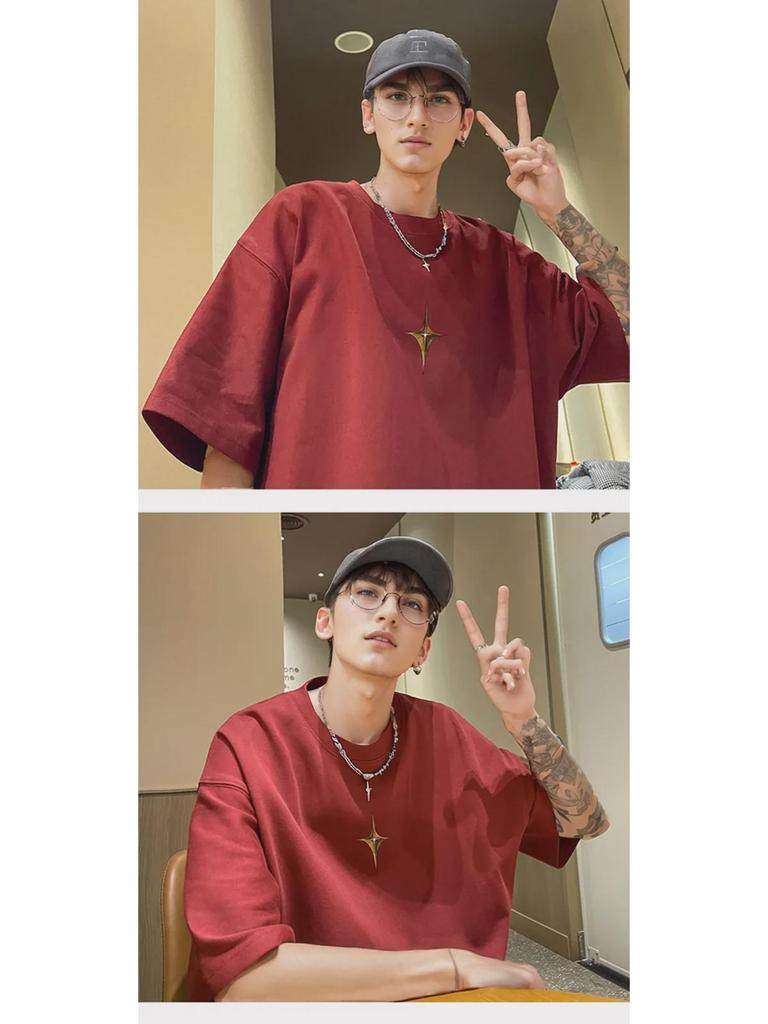 Tricou de bărbați alb cu mânecă scurtă, la modă, casual, cu croială largă, bumbac pur, stil de vară high street.