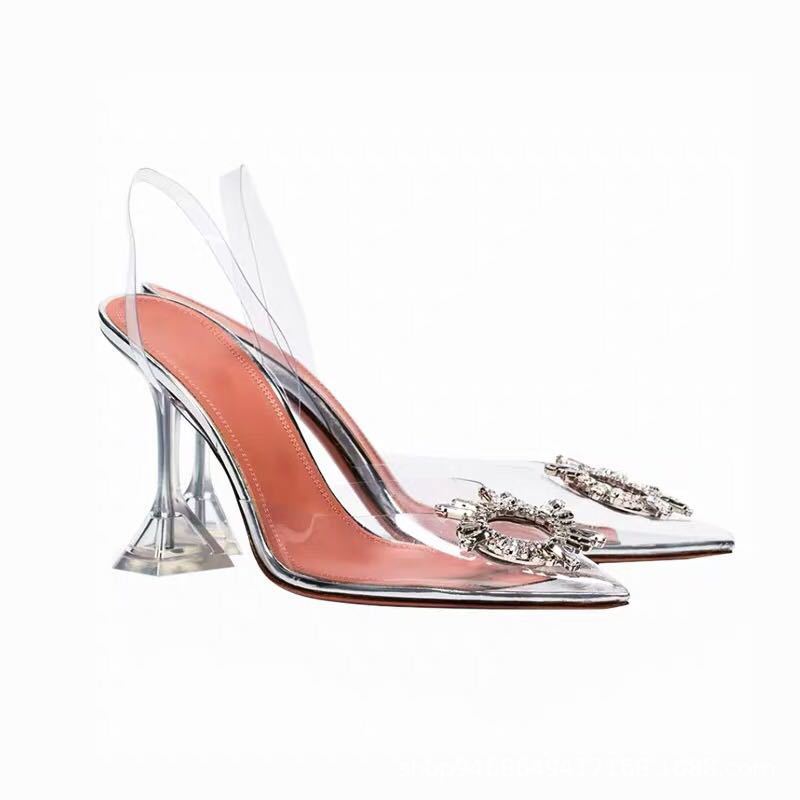 Pointed sandals women's 2025 new summer rhinestone buckle transparent middle heel crystal bag head drag bridesmaid wedding shoes women's shoes
