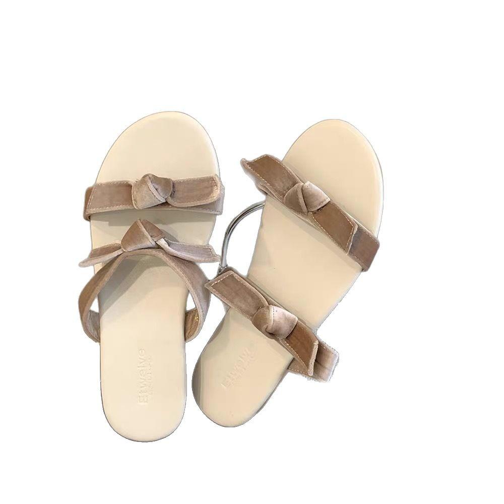 Summer fashion versatile flat bottom word with bow velvet non-slip fairy French new toe girl cool slippers