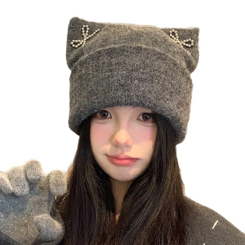 Cute bow knitted hat women's autumn and winter versatile thermal bald hat, standing ear and showing face, small wool hat