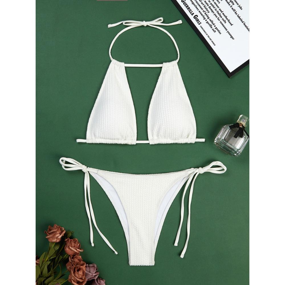 

Европейский и американский однотонный купальник-бикини с вырезом на шее XL белый